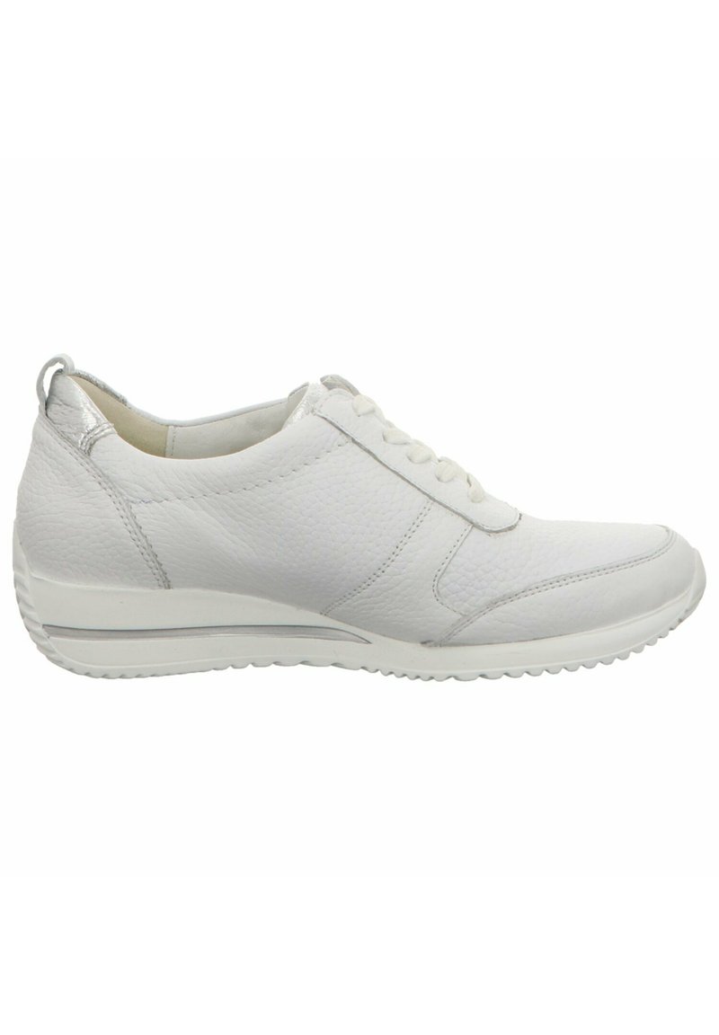 White leather sneaker with a textured upper, lace-up design, padded collar, and flexible rubber sole. Features a silver accent on the heel.