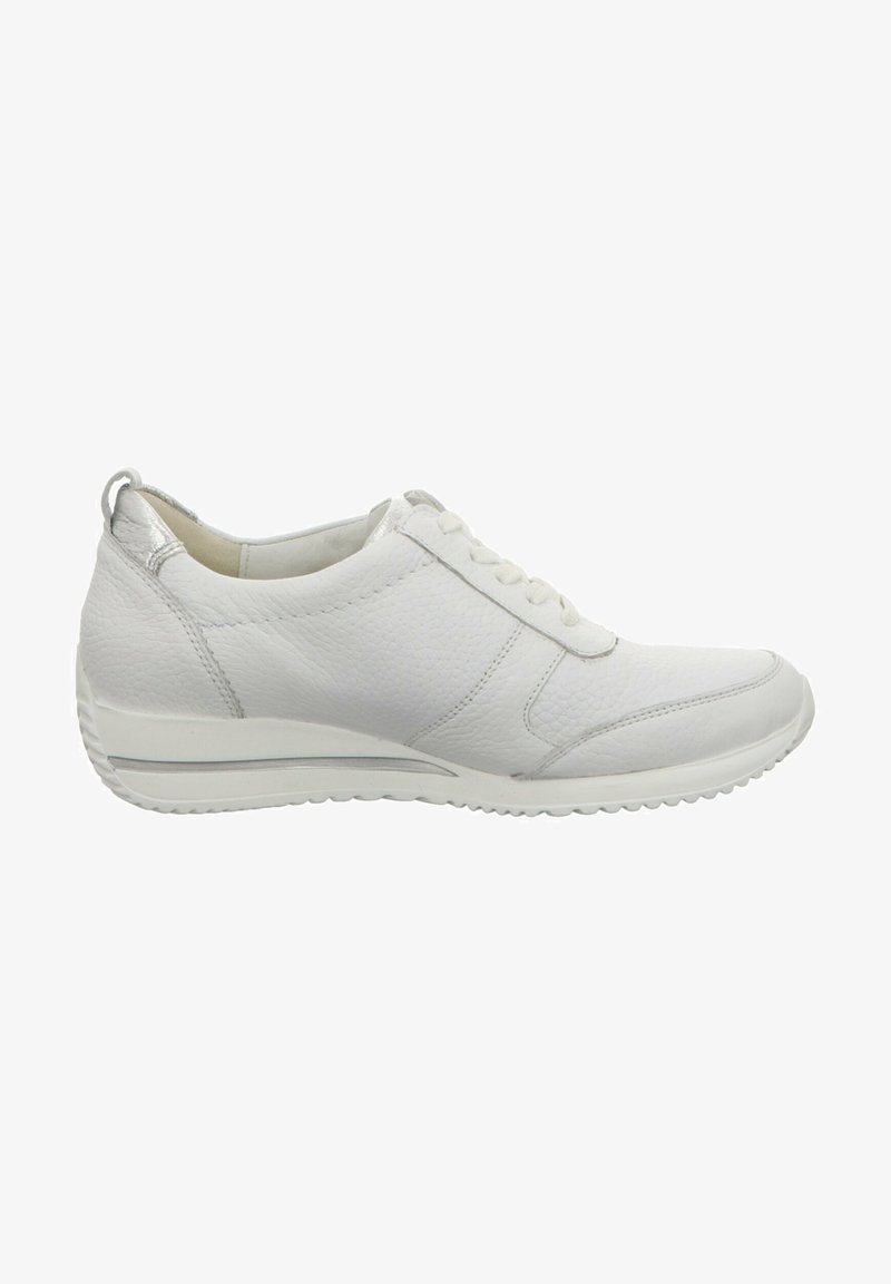 White leather sneaker with a textured upper, lace-up design, padded collar, and flexible rubber sole. Features a silver accent on the heel.