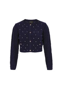 Tikka sininen lyhyt neulejakku, jossa on tekstuurimalli, koristeltu hopeanvärisillä yksityiskohdilla ja viidellä pyöreällä napilla edessä.