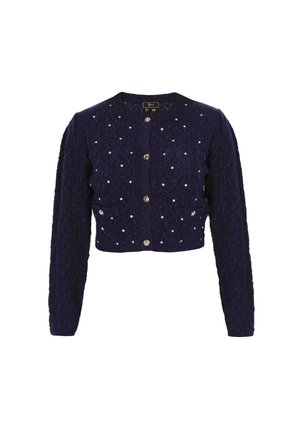 Cardigan court bleu marine avec un motif texturé, orné d'accents argentés et de cinq boutons ronds sur le devant.