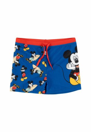 Blaue und rote Jungen-Badehose mit rotem Bund, roter Kordel und mehreren kleinen sowie einem großen Mickey-Mouse-Cartoon-Motiv.