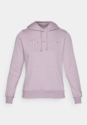 Lavender hoodie with a drawstring hood, front pocket, and embroidered "Champion" logo on the chest. Soft fabric and ribbed cuffs.