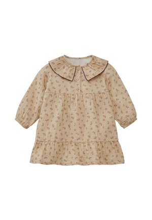 Beigefarbenes Baby-Kleid mit langen Ärmeln und kleinem Blumenmuster, gerafftem Kragen mit dunklem Besatz, drei Knöpfen vorne und gerafftem Rocksaum.