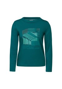 Teal lange mouwen shirt van zachte stof met een geometrisch grafisch ontwerp en tekst in lichte kleuren. Geronde halslijn en fitted manchet.