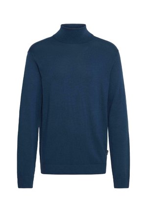 Mørkeblå høyhalset genser laget av mykt strikket stoff. Har lange ermer, en tettsittende krage og en rett kant ved midjen.