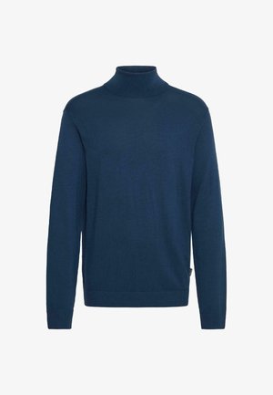 Pulover bleumarin cu guler înalt, confecționat dintr-un material tricotat moale. Are mâneci lungi, un guler ajustat și un tiv drept la talie.