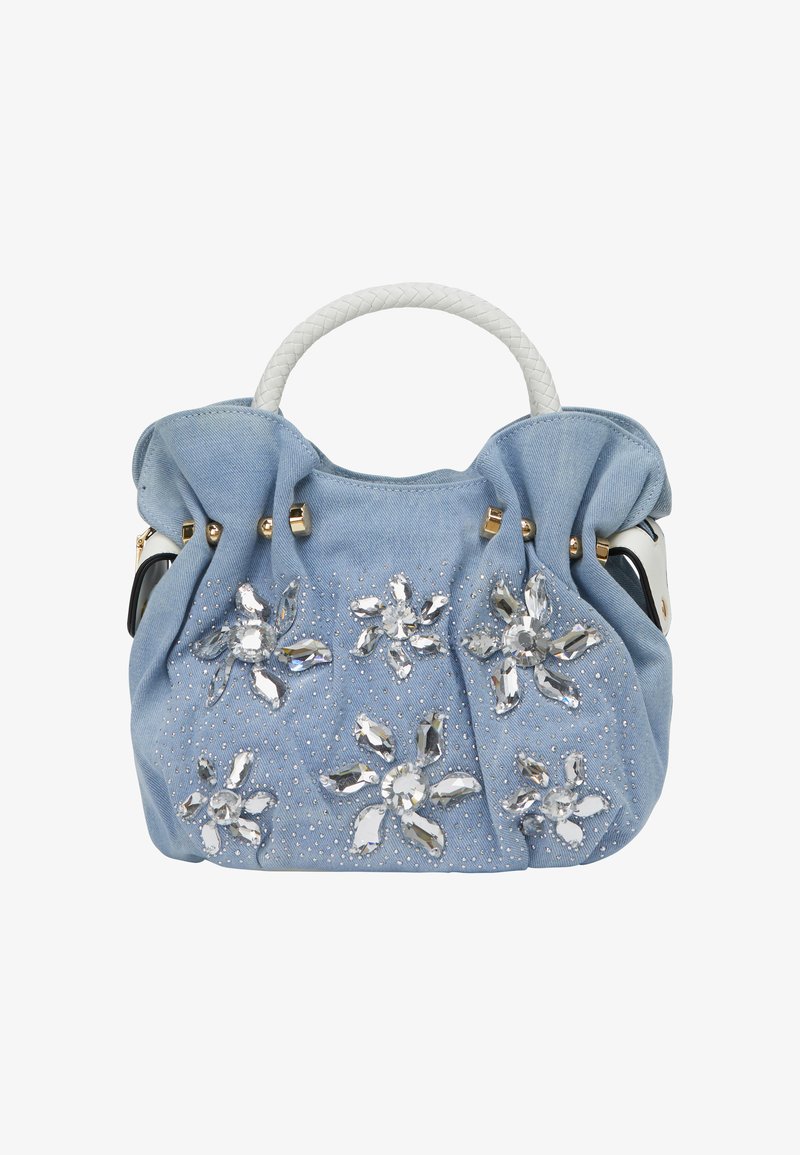 Blauwe denim handtas met een gevlochten witte handgreep, versierd met zilveren bloemenapplicaties en strass. Voorzien van gouden hardware accenten.