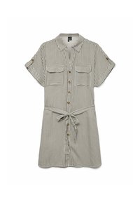 Abito camicia a righe in crema e oliva, maniche corte, chiusura a bottoni frontale con doppie tasche sul petto e vita regolabile con cintura.