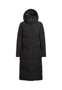 Schwarze Daunenjacke mit langer Silhouette, hohem Kragen und abnehmbarer Kapuze. Verfügt über seitliche Reißverschlusstaschen und ein Chevron-Steppmuster.