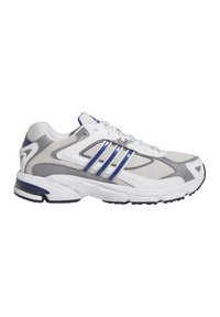 Chaussure de course avec une tige en mesh blanc, des accents gris et des détails en bande bleue. Dispose d'une semelle rembourrée et d'une semelle texturée pour l'adhérence.