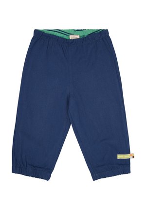 Pantaloni blu navy realizzati in un morbido tessuto testurizzato. Presentano una vita elastica, polsini arricciati e un piccolo etichetta con branding colorato.