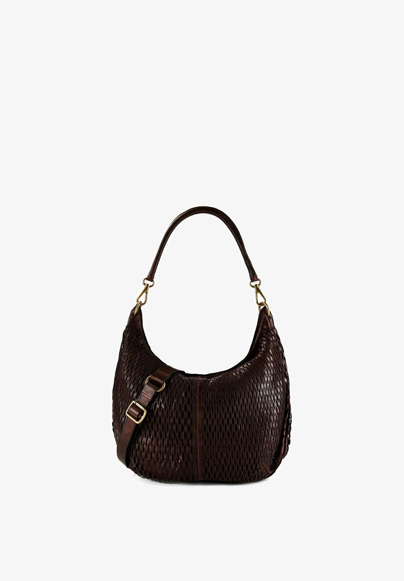 Sac hobo en cuir brun foncé avec texture tissée, poignée unique, bandoulière réglable et détails en métal doré.