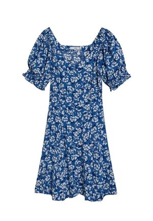 Robe courte bleue à fleurs avec manches courtes bouffantes et encolure carrée.