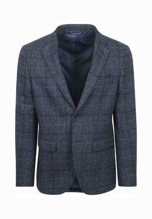 Blue and gray plaid blazer with a notched collar, two front pockets, and a single button closure. Textured fabric with a smooth inner lining.
