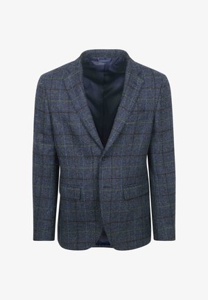 Blue and gray plaid blazer with a notched collar, two front pockets, and a single button closure. Textured fabric with a smooth inner lining.