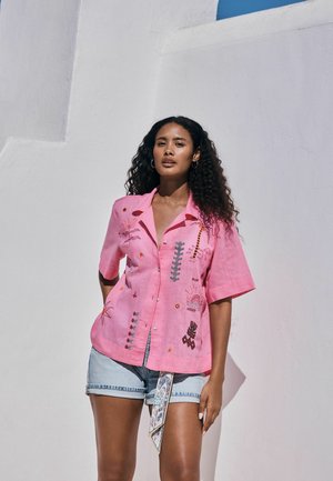 Next, Button-down blouse - pink embroidered
