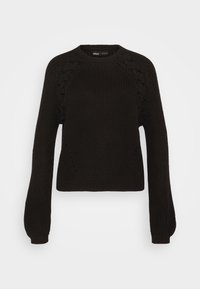 Suéter negro de punto con cuello redondo acanalado, mangas largas y acentos texturizados en los hombros. Presenta un ajuste holgado y un color sólido.