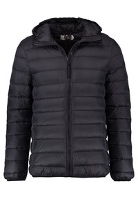 Schwarze Steppjacke mit Kapuze, mit gesteppter Polsterung, durchgehendem Reißverschluss vorne und elastischen Bündchen. Leichtes und isoliertes Design.