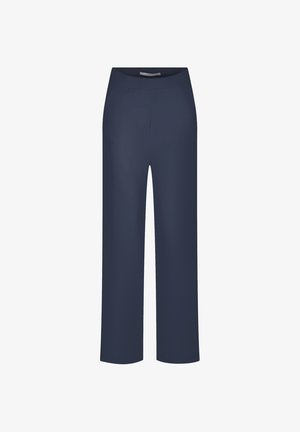 Navy blue straight-leg trousers with a flat waistband and no visible fastenings, shown on a white background.