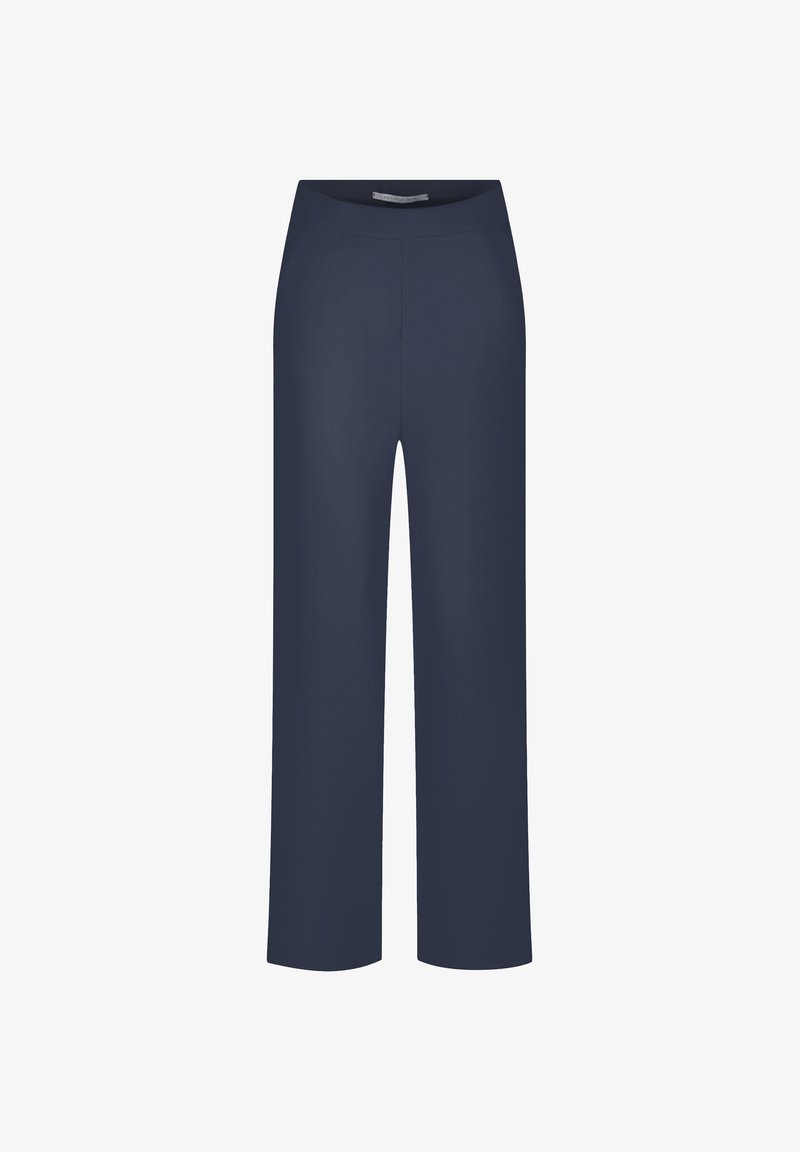 Navy blue straight-leg trousers with a flat waistband and no visible fastenings, shown on a white background.