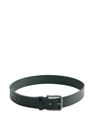 Black leather belt with multiple adjustment holes and a rectangular silver metal buckle on a white background.
