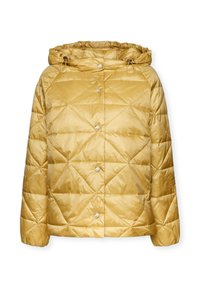 Giacca a vento dorata con cappuccio, caratterizzata da un design trapuntato, bottoni a scatto frontali e una texture liscia e lucida.