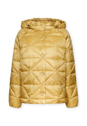 Giacca a vento dorata con cappuccio, caratterizzata da un design trapuntato, bottoni a scatto frontali e una texture liscia e lucida.