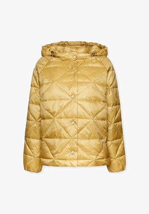 Goldene Puffjacke mit Kapuze, ausgestattet mit einem gesteppten Design, vorderen Druckknöpfen und einer glatten, glänzenden Textur.
