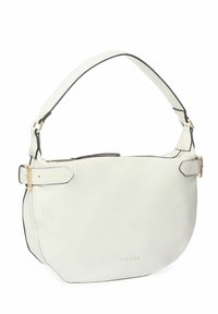 Borsa a spalla in pelle bianca con dettagli neri, forma curva, tracolla regolabile e applicazioni in oro; presenta una chiusura con zip.