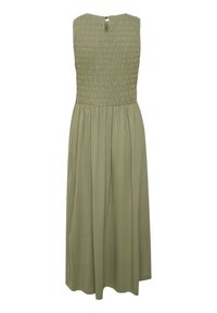 Rochie verde măslinie cu un bust elastic, design fără mâneci și fustă fluidă. Include un detaliu cu deschidere în formă de cheie la spate. Textură de țesătură moale.