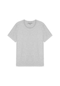 Grå T-shirt i mjuk bomull, med rund hals, korta ärmar och en enkel design utan mönster eller detaljer.