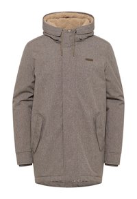 Grå ytterjacka med en mjuk beige fleece-fodrad huva, två sidofickor och en ren design med en subtil textur.
