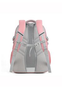 Zaino rosa e grigio con spallacci imbottiti, pannello posteriore in rete, fibbie regolabili e tasche laterali per riporre oggetti.