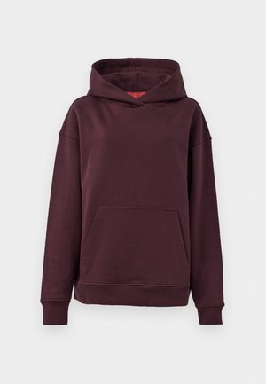 Burgunderfarbener Hoodie mit Kängurutasche, weiten Ärmeln und einer geräumigen Kapuze. Aus weichem, elastischem Baumwollgemisch gefertigt.