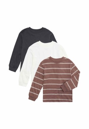 Tre langærmede crew neck-trøjer stablet: sort, hvid og brun med hvide vandrette striber, alle med manchetter på ærmerne.