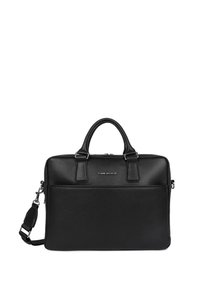 Sacoche pour ordinateur portable en cuir noir avec deux poignées supérieures, une bandoulière amovible et une poche zippée à l'avant. Fini texturé et design mince.