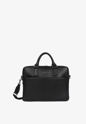 Sacoche pour ordinateur portable en cuir noir avec deux poignées supérieures, une bandoulière amovible et une poche zippée à l'avant. Fini texturé et design mince.