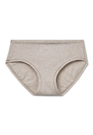 Beige katoenen damesbroekje met elastische tailleband en beenopeningen, plat neergelegd op een witte achtergrond.