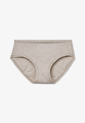 Beige katoenen damesbroekje met elastische tailleband en beenopeningen, plat neergelegd op een witte achtergrond.