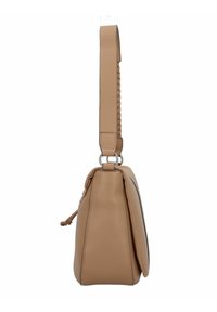 Sac à main en cuir tan avec une forme structurée, doté d'une anse tressée et d'un zip sur le côté. Texture lisse sur l'ensemble.