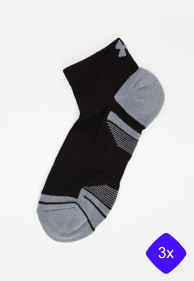 Chaussettes noires mi-mollet avec des accents gris, présentant un design texturé et un talon renforcé. Vendu en pack de trois.