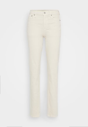 Cream-colored denim pants with a slim fit, straight leg, and minimal stitching details. Features a front button and belt loops.