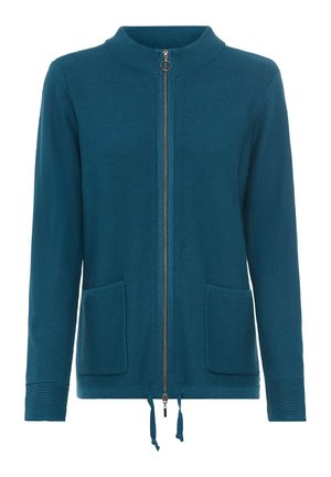 Teal Zip-Up Strickjacke mit Stehkragen, zwei vorderen Taschen und Kordelzugsaum. Verfügt über ein strukturiertes Strickmuster und einen Metallreißverschluss.