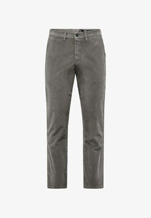 Gray corduroy trousers with a straight cut, featuring vertical ribbing, belt loops, and a front button closure.