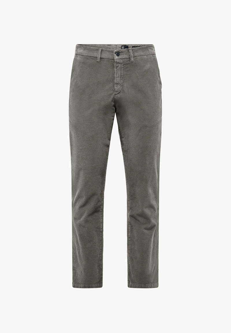 Gray corduroy trousers with a straight cut, featuring vertical ribbing, belt loops, and a front button closure.