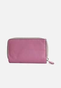 Pink leather wallet with a smooth texture, beige accents, and a zip closure. Features a silver zipper pull for easy access.