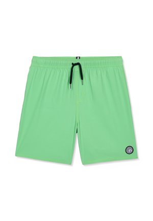 Shorts de bain verts clairs avec cordon noir et petit logo rond noir et blanc près de l'ourlet sur la jambe gauche.