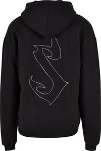 Maglione con cappuccio nero caratterizzato da un grande design con strass sul retro. Tessuto morbido, vestibilità ampia, maniche e orlo a coste.