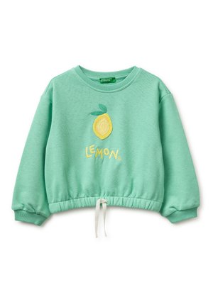 Miętowa, długorękawowa bluza z elastycznym dołem i ściągaczem, z haftowanym cytrynowym motywem z dwoma zielonymi liśćmi oraz napisem „LEMON” poniżej.