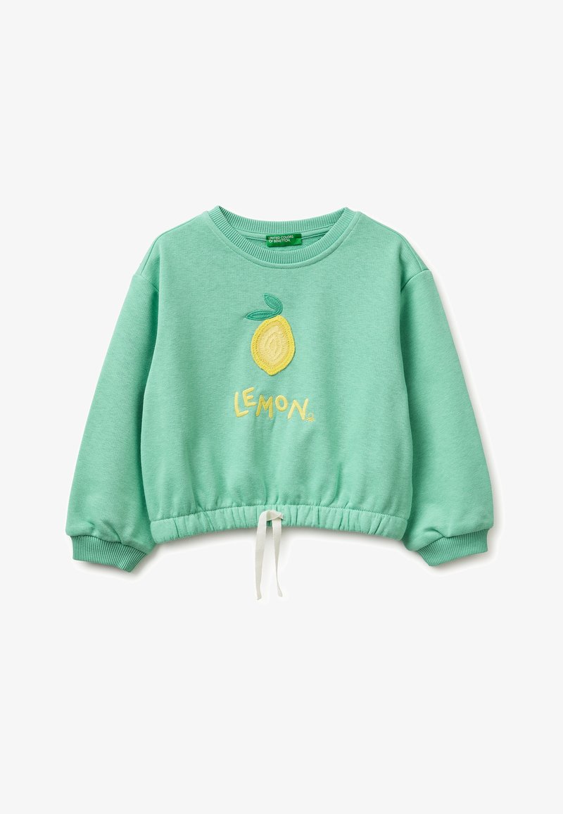Langärmliges Sweatshirt in Minzgrün mit elastischem Saum und Kordelzug, bestickt mit einer Zitrone mit zwei grünen Blättern und dem Schriftzug „LEMON“ darunter.